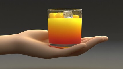 Hand Holding a Colorful Fruit Drink with Ice Cubes on a Neutral Background for Beverage Ads