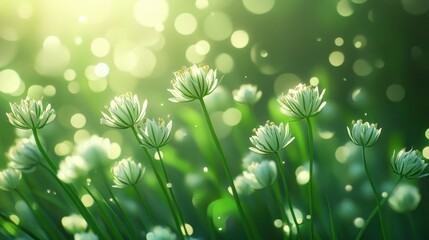 Fototapeta premium Sunlit meadow with delicate white flowers and bokeh.