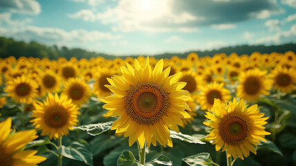 Fototapeta premium A vibrant field of sunflowers with a glowing spring sunset illuminating the scene