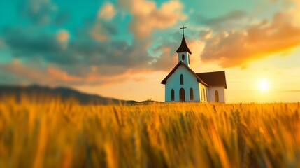A serene white church stands amidst golden wheat fields during sunset, casting a peaceful glow against a vibrant sky filled with fluffy clouds.