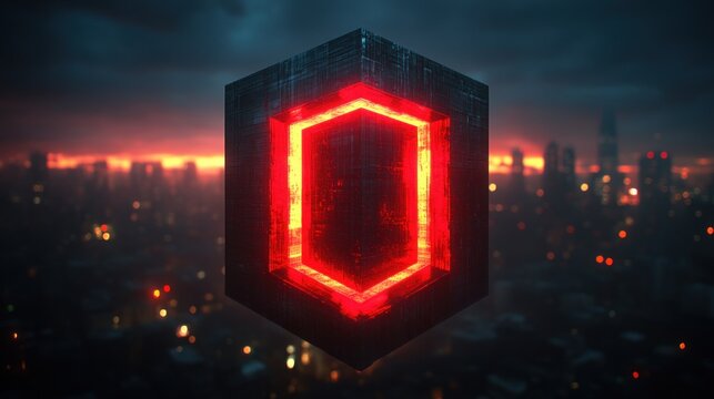 Glowing red hexagon inside dark cube over city. - Powered by Adobe