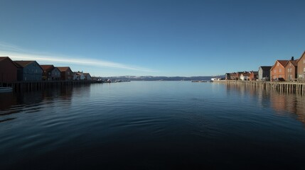 Obraz premium Traditional Scandinavian wooden buildings in vivid colors on Trondheim's waterfront, with the calm sea and blue sky creating a picturesque scene