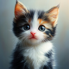 Curious Kitten Portrait: A captivating portrait of a fluffy calico kitten with big blue eyes and a sweet expression.  The kitten's soft fur, adorable features.
