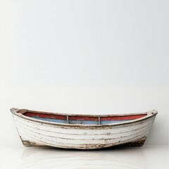 A small boat rests on the floor of a room, highlighting an intriguing blend of nautical charm and interior decor.