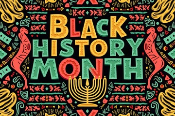 Fototapeta premium Colorful typography of black history month letters on seamless Neo geometric pattern background.