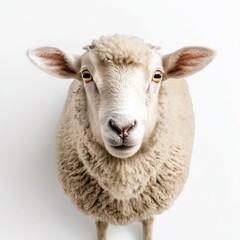 Obraz premium A sheep gazes directly at the camera, showcasing its woolly coat and curious expression in a natural setting.