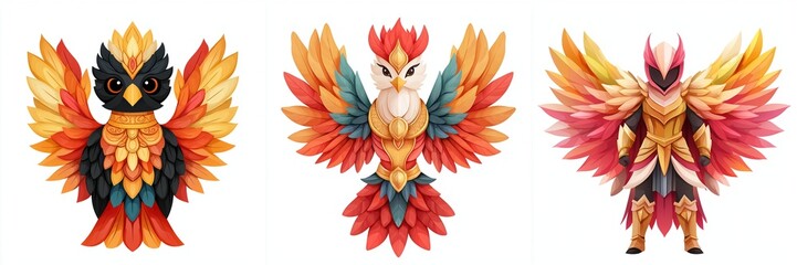 Fototapeta premium Three vibrant, stylized bird figures with colorful plumage, each sporting unique designs and striking poses, embodying creativity and artistry.