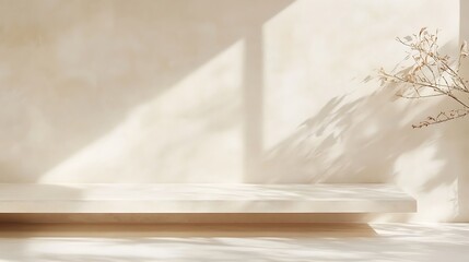 Minimalist beige shelf with sunlit shadows and branch