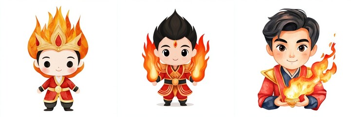 Three cartoon characters with flaming hairstyles and fire elements, showcasing different expressions and attire, representing a fiery theme.