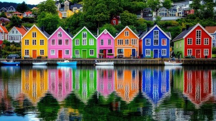 Fototapeta premium Vivid waterfront houses in Trondheim, with each color reflecting in the water, showcasing the traditional and colorful Norwegian style