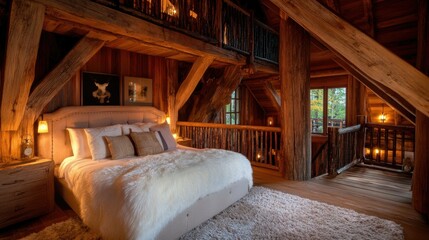 Warm and inviting loft bedroom with a rustic aesthetic, featuring wooden beams, a plush bed, and ambient lighting in a resort setting