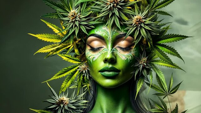 Green woman adorned with cannabis leaves showcases nature's beauty in an artistic representation