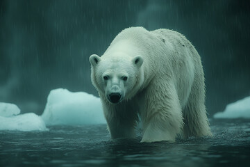 polar bear standing in icy water, surrounded by snow and ice, exuding strength and resilience