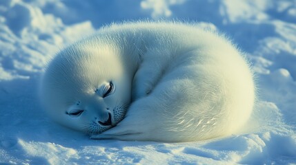 Fototapeta premium Weddell seal pup curled up on the snow-covered ground of King George Island, Antarctica, a peaceful scene of innocence in the wild
