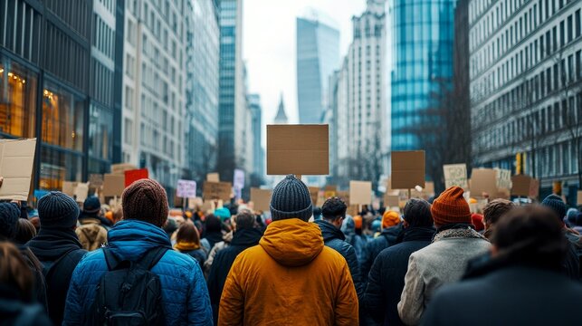 Crowd of protesters holding trade banners in urban setting