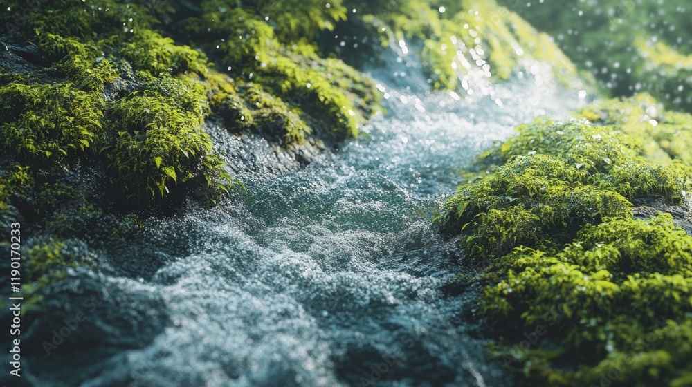 Poster a mesmerizing view of a clear stream flowing over moss-covered rocks in a lush green environment ref