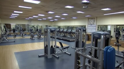 Fototapeta premium Well-lit gym interior with multiple treadmills, stationary bikes, and strength machines, creating a vibrant and organized fitness area