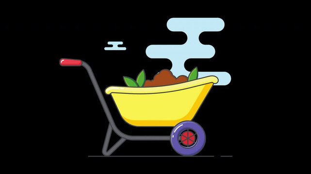 Cartoon-style wheelbarrow filled with soil and plants against a simple background.