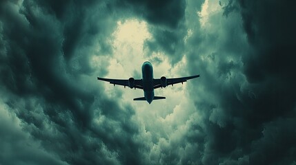 White passenger airplane seen flying high, surrounded by dramatic storm clouds in the background, conveying power and the spirit of travel