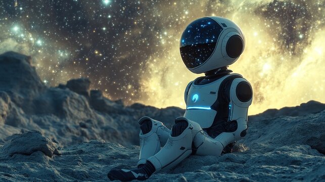 Solitary Robot on Alien Planet Gazing at Celestial Wonders