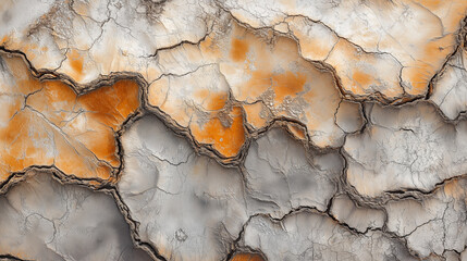 Fototapeta premium A detailed close-up view of tree bark, featuring deep cracks and crevices with contrasting light brownish-orange and dark grayish-silver tones