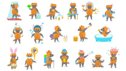 Fototapeta premium Big Set Abstract Collection Flat Cartoon Different Animal Wolverines Vector Design Style Elements Fauna Wildlife
