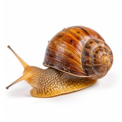 A close-up of a snail featuring a distinct brown shell, showcasing its intricate texture and natural beauty against a blurred background.