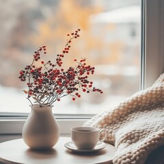 Red berries in vase, coffee cup, cozy blanket near window.
