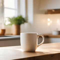 Obraz premium Blank white mug close up mockup on kitchen blur background.