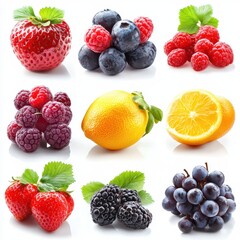 A vibrant close-up of assorted fruits displayed on a clean white surface, showcasing their colors and textures beautifully.