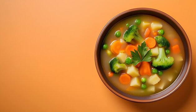 bowl of vegetable soup. A bowl of healthy vegetable soup on an orange background with copy space for add text 