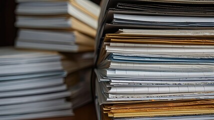 Various papers and documents are stacked neatly in folders showcasing an organized workspace filled with office supplies and materials