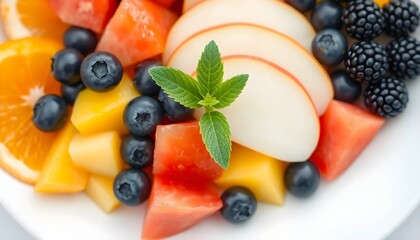 Close-up of a vibrant fruit salad featuring a variety of fresh fruits like orange slices, mango, watermelon, apple, blueberries, and blackberries.
