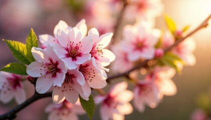 Close-up of pink cherry blossoms on a branch illuminated by warm sunlight