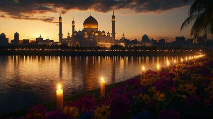 Naklejka premium Sunset view of a majestic mosque with candles and flowers by the water.