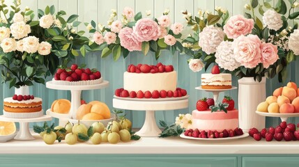 Delicious pastries, fruits & flowers on display.