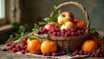 Fresh Fruit Basket, Apples, Raspberries, Blueberries, and Oranges