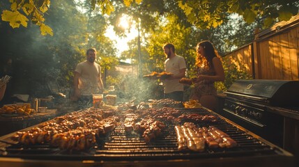 A backyard barbecue with friends laughing and grilling food.