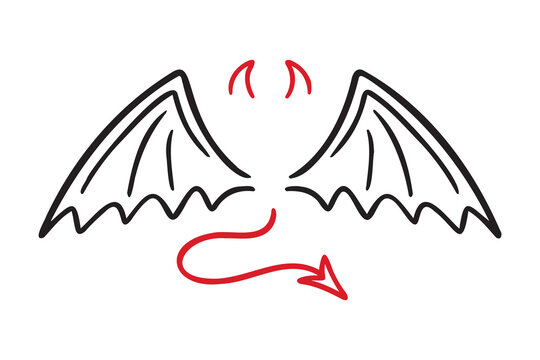 demon wings, sharp tail and horns doodle hand drawn icon set. Outline drawing demon wings, sharp tail and horns line clipart symbol collection