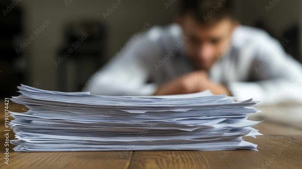 Aufkleber a man sits blurred in the background, surrounded by a stack of paperwork on a wooden table, illustra
