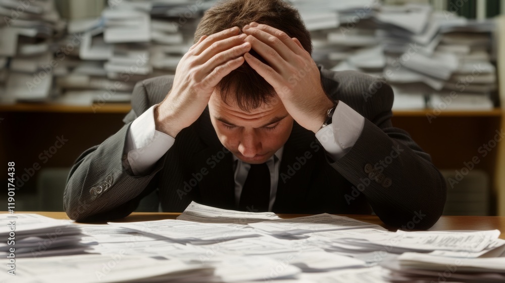 Aufkleber a stressed businessman sits at a desk littered with papers, displaying frustration and overwhelm ami