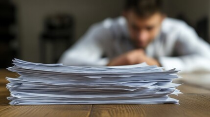 A man sits blurred in the background, surrounded by a stack of paperwork on a wooden table, illustrating themes of stress and work overload.