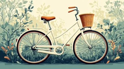 Fototapeta premium White bicycle with wicker basket in nature.