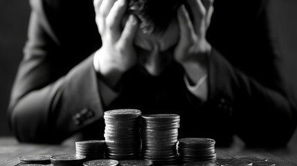 A distressed individual sits with their head in hands, surrounded by stacks of coins, symbolizing financial stress and anxiety.