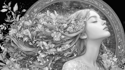 Fototapeta premium A grayscale portrait of a tranquil young woman with long, flowing hair adorned with delicate floral and leaf details