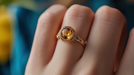 Close-up of a gold natural stone ring on an elegant lady's finger, designed for jewelry photography across all online platforms.