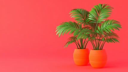 Obraz premium Vibrant Tropical Plants in Orange Pots Against a Red Background