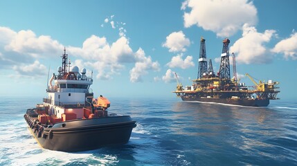 Dynamic shot of a supply boat approaching an offshore oil rig in clear blue waters under a bright sky with fluffy clouds and a peaceful atmosphere.