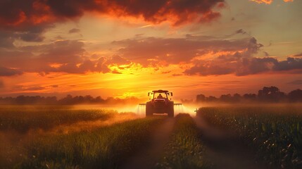 Fototapeta premium Dynamic Shot of Tractor in Action Spraying Fields at Sunset with Dramatic Clouds and Landscape View in Background Capturing Agricultural Work and Nature's Beauty