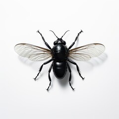 A detailed image of a black insect featuring striking white wings and black legs, showcasing its unique coloration and attributes.